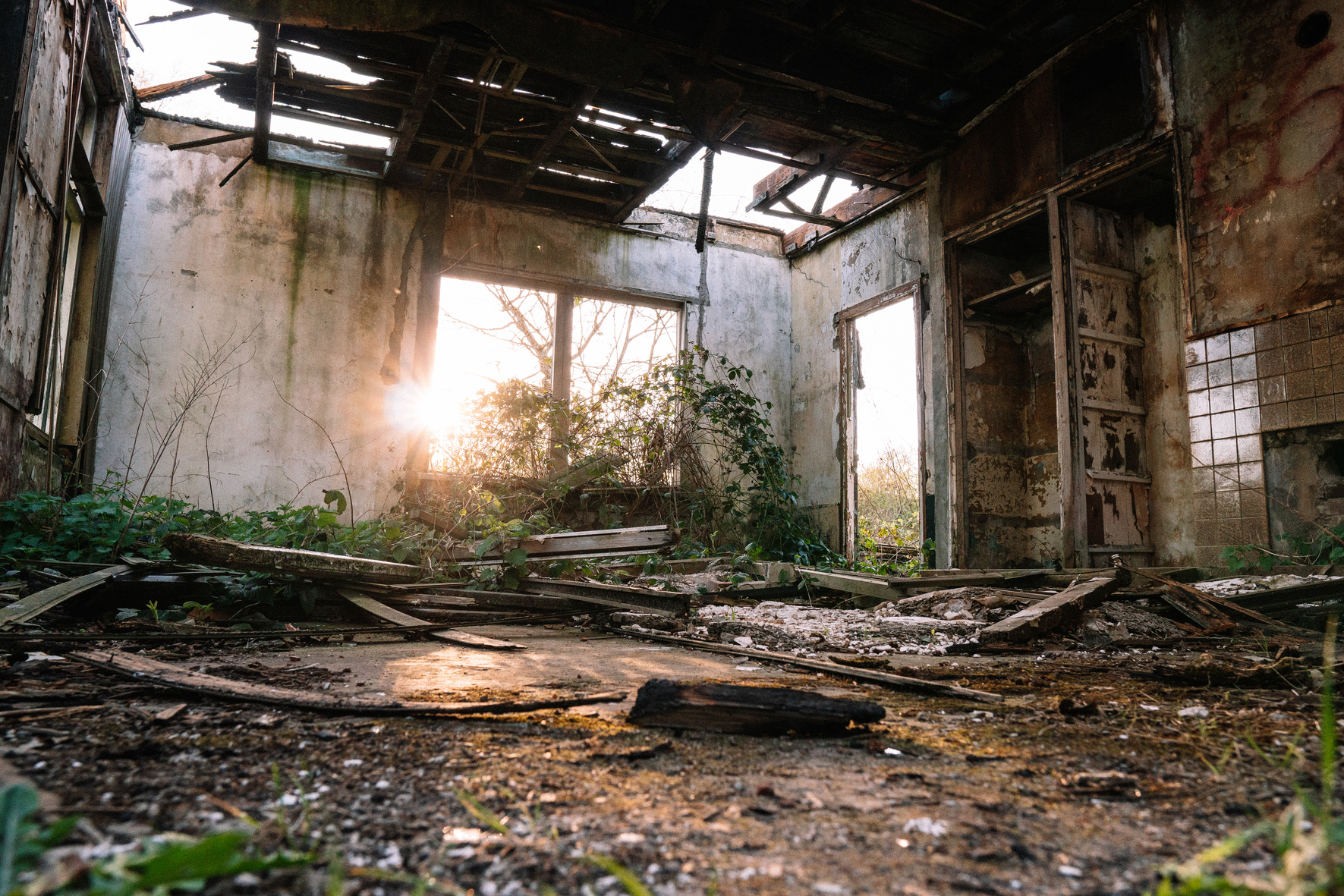 Remaining walls of ruined abandoned building